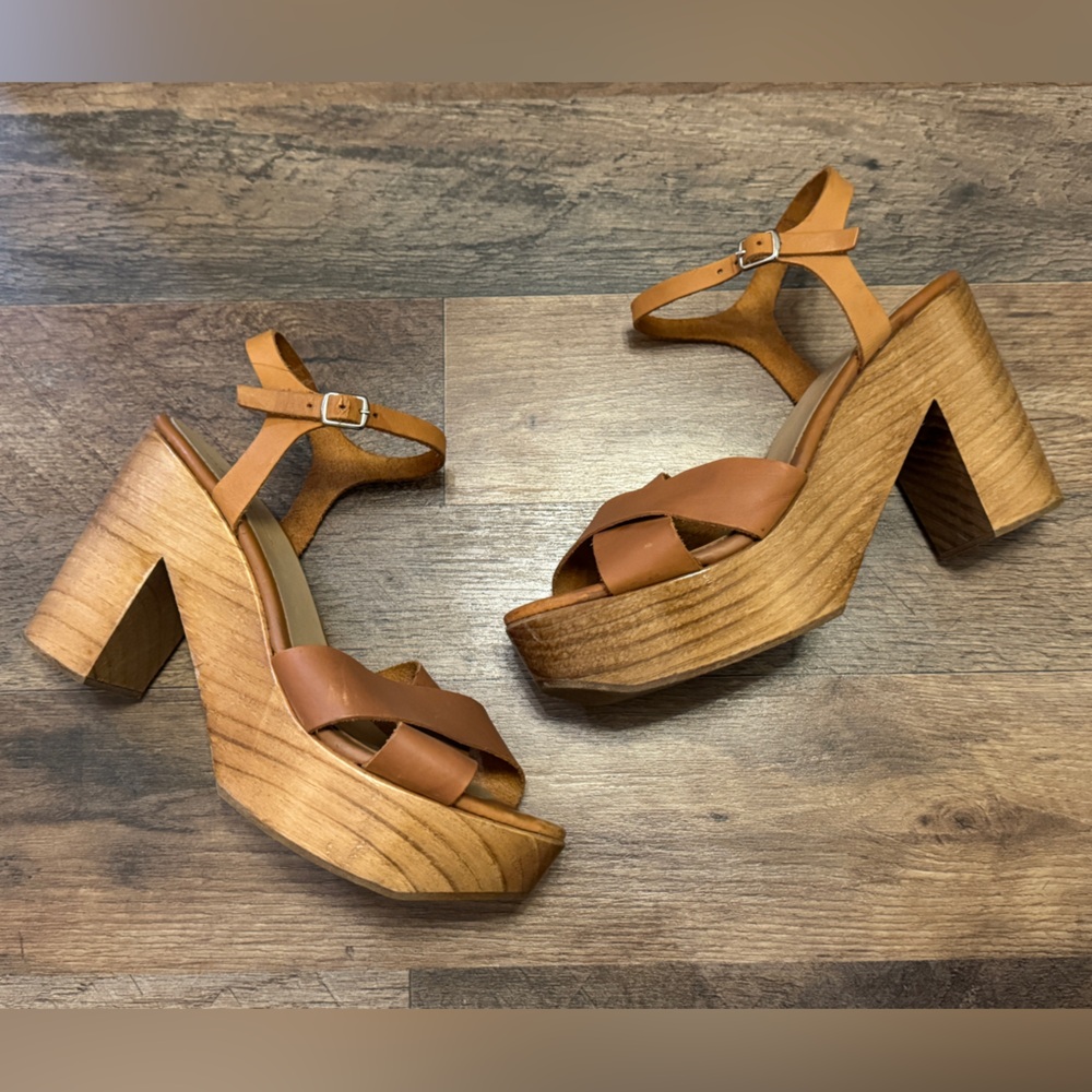 Zara Real Leather Wooden Clog Platform Sandals Size 10